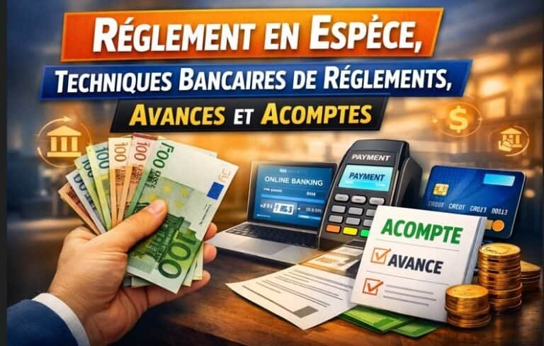 Paiement en espèces avec outils bancaires, avances et acomptes.