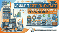 Illustration sur la monnaie et la création monétaire, incluant graphiques et icônes financières.